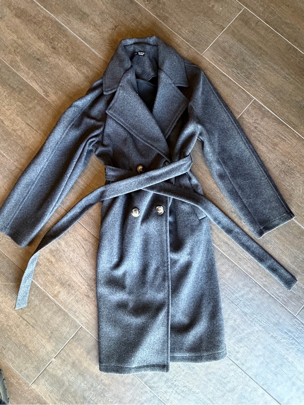 Womens Double-Breasted Wool Blend Belted Coat - Charcoal Gray